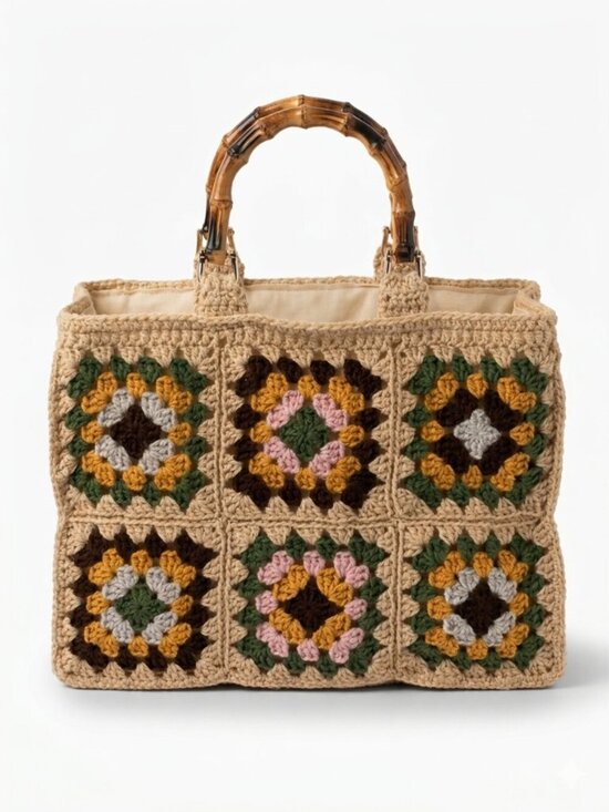 Fe.Ly Handbags - Boho Crochet Granny Square Tote w/ Bamboo Handles Colorful NWT